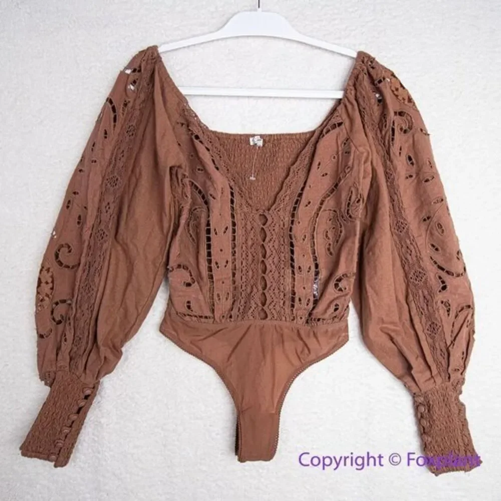 NEW Free‎ People Intimately Brown Regina Boho Long Sleeve Bodysuit, S